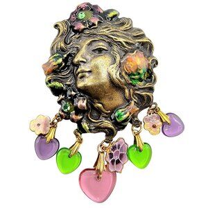 Art Nouveau Brass Mucha Style Lady Face Heart Flower Charm Dangle Brooch